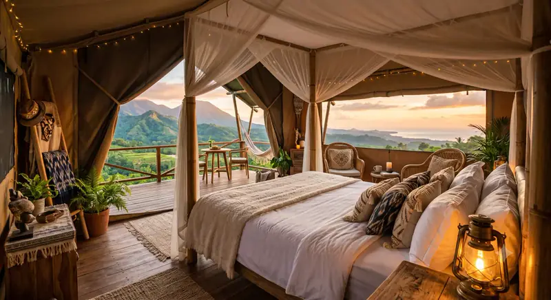 Interior tenda glamping mewah dengan kasur empuk dan penerangan hangat