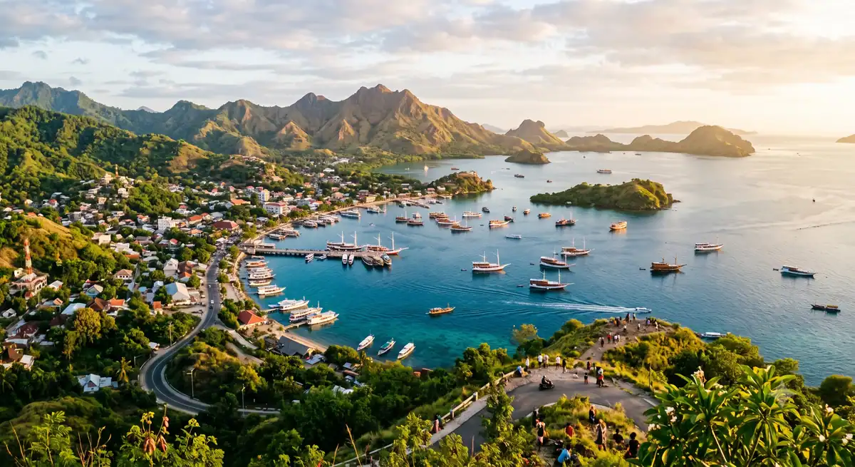 Pemandangan pelabuhan Labuan Bajo dengan kapal wisata dari ketinggian