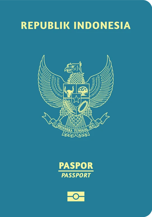 Gambar sampul paspor biasa Republik Indonesia berwarna biru kehijauan dengan lambang Garuda dan tulisan PASPOR