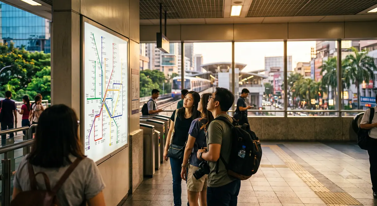 Wisatawan mempelajari peta rute transportasi umum di stasiun