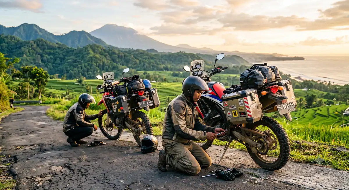Pengendara memeriksa kondisi motor sebelum berkendara di Bali