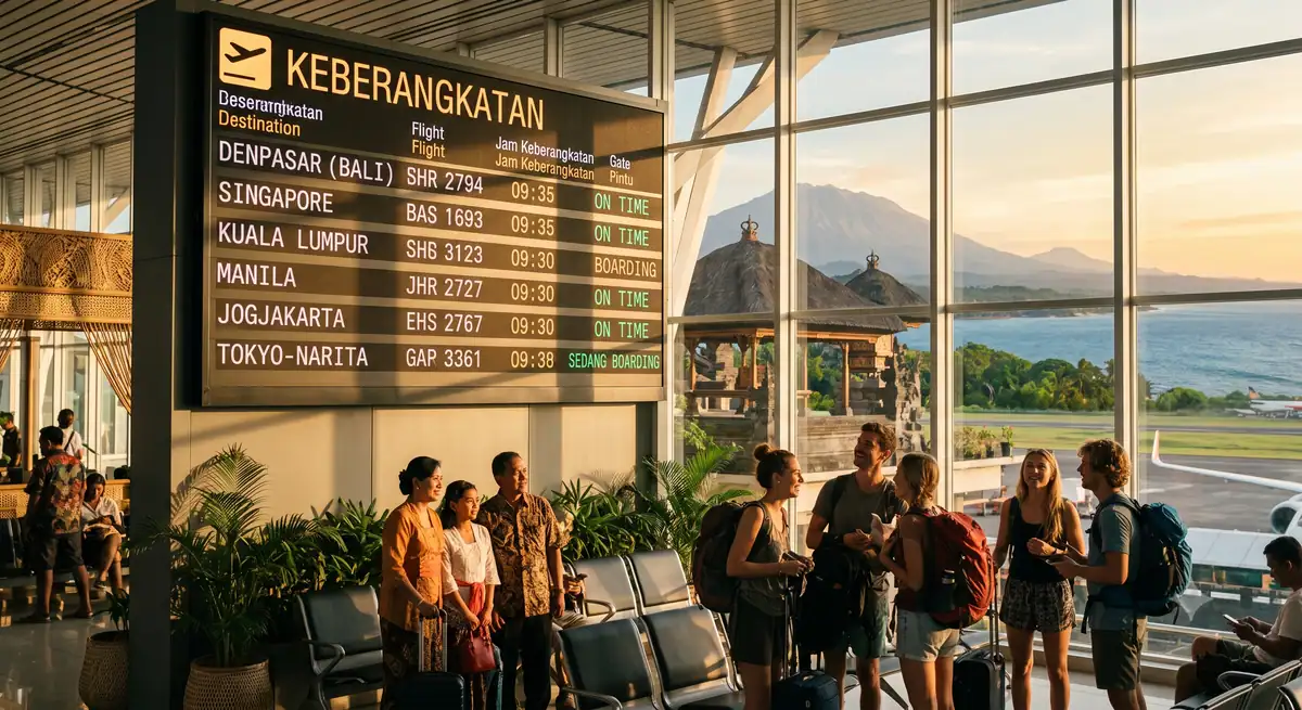 Papan jadwal penerbangan internasional di terminal bandara