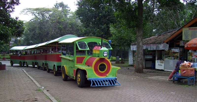 Kereta wisata hijau berderet gerbong beratap parkir di jalan berpaving di dalam Taman Margasatwa Ragunan