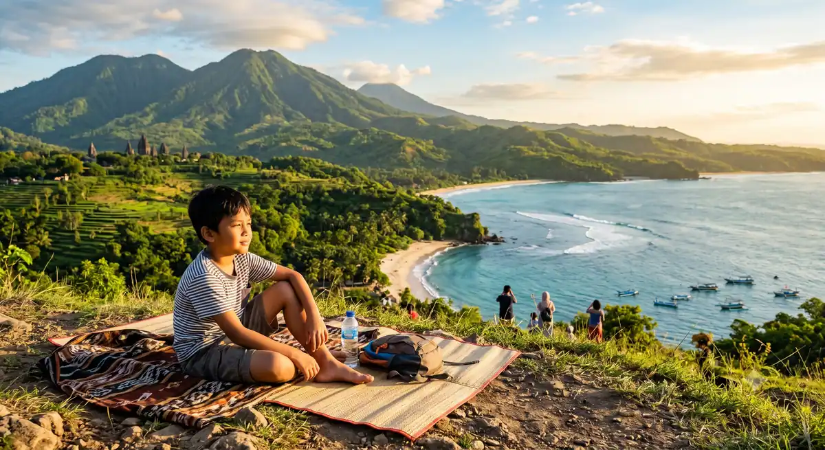 Anak beristirahat di tikar piknik dengan pemandangan pantai dari ketinggian