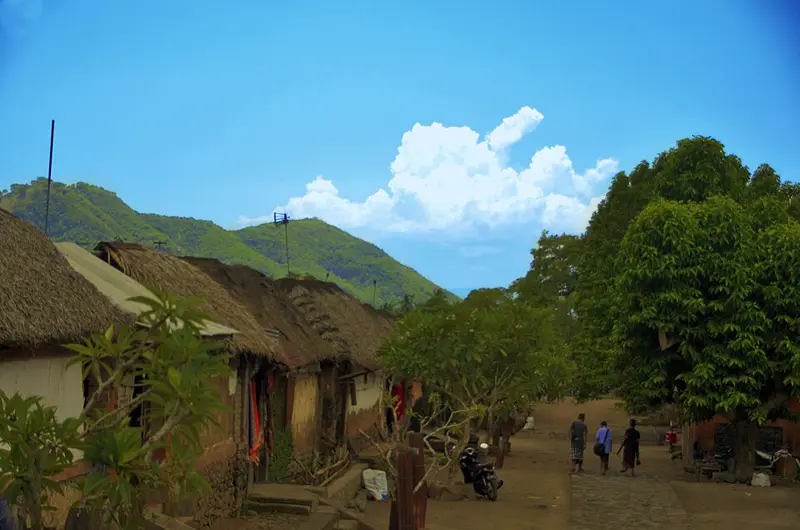 Jalan tanah di Desa Tenganan Pegringsingan dengan deretan rumah beratap ijuk, pepohonan rindang, dan bukit hijau di belakangnya