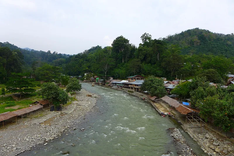 Deretan bangunan desa wisata Bukit Lawang di tepi Sungai Bahorok dengan latar perbukitan hutan