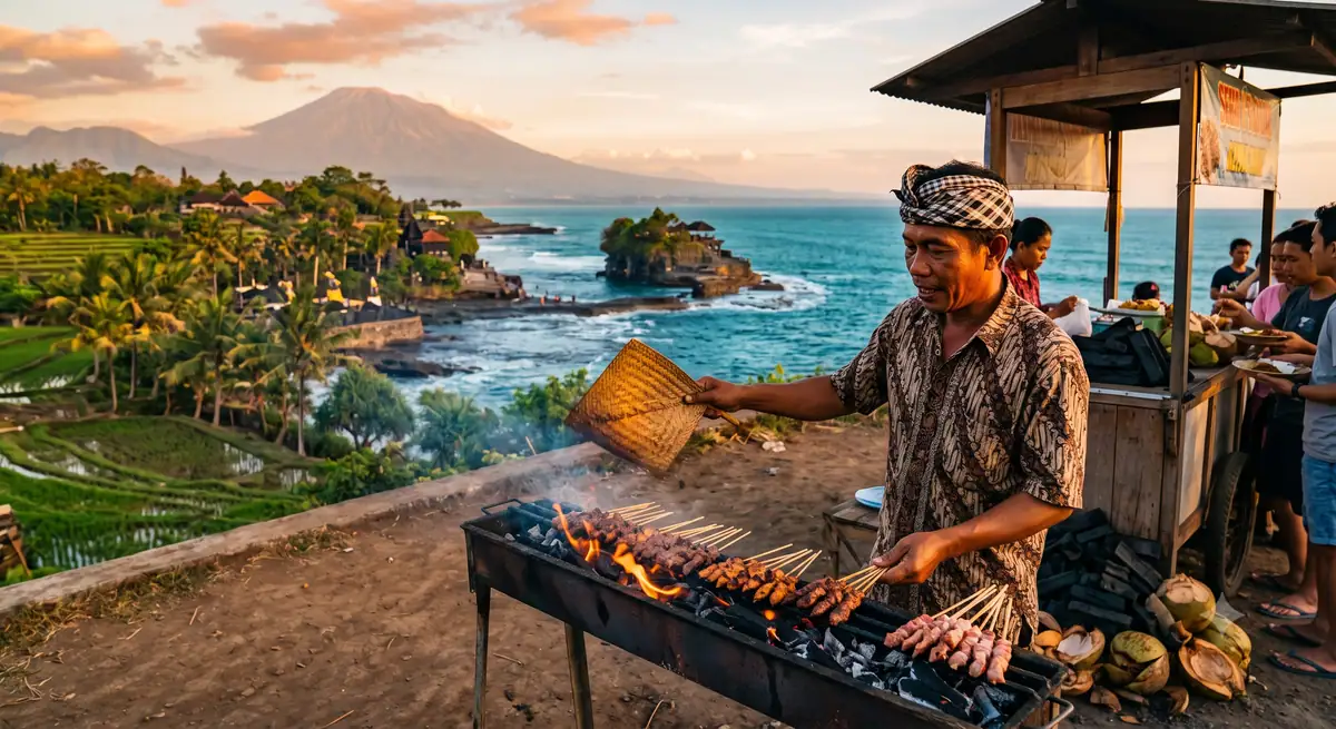 Pedagang sate kaki lima memanggang sate di atas bara arang