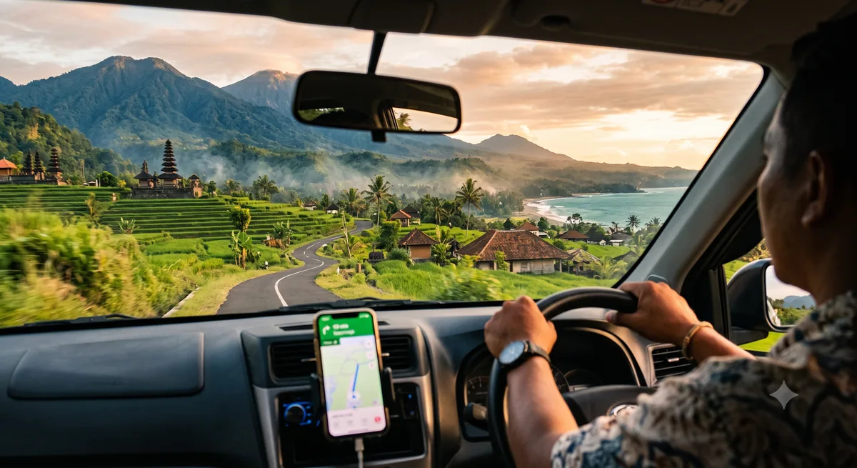 Pengemudi memakai navigasi ponsel saat berkendara di jalan pedesaan Bali
