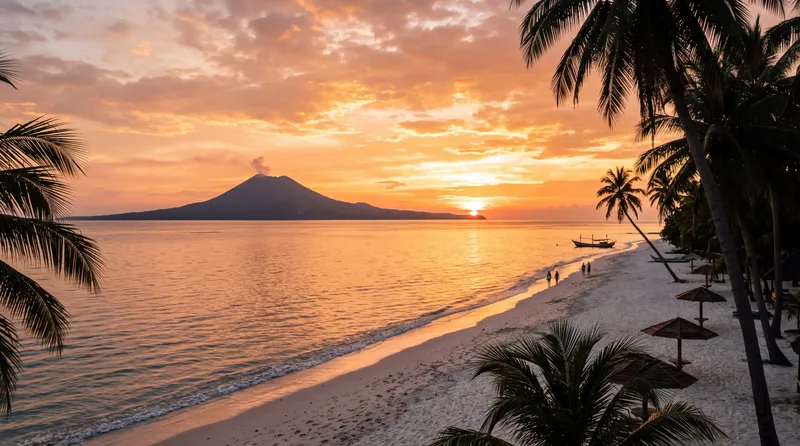 Pemandangan Pantai Anyer dengan siluet Gunung Anak Krakatau di kejauhan