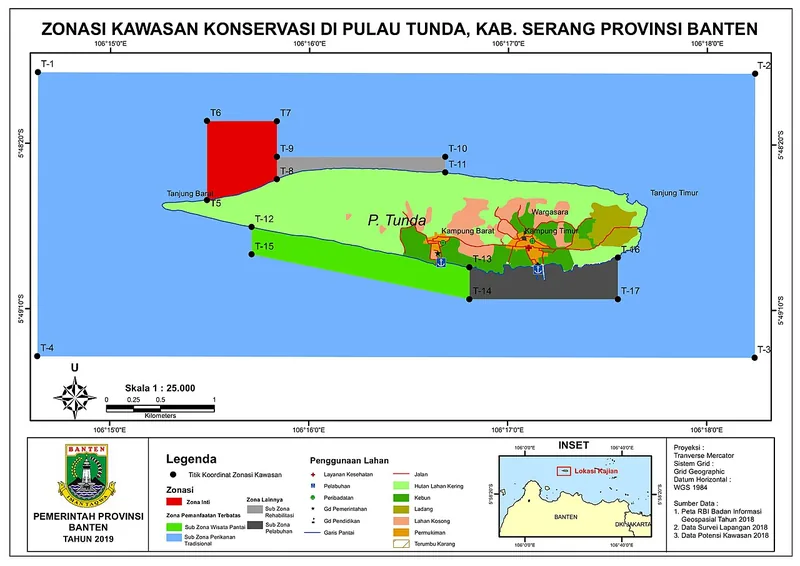 Peta zonasi kawasan konservasi Pulau Tunda, Kabupaten Serang, dengan zona inti merah, sub zona wisata pantai hijau, dan sub zona pelabuhan abu-abu