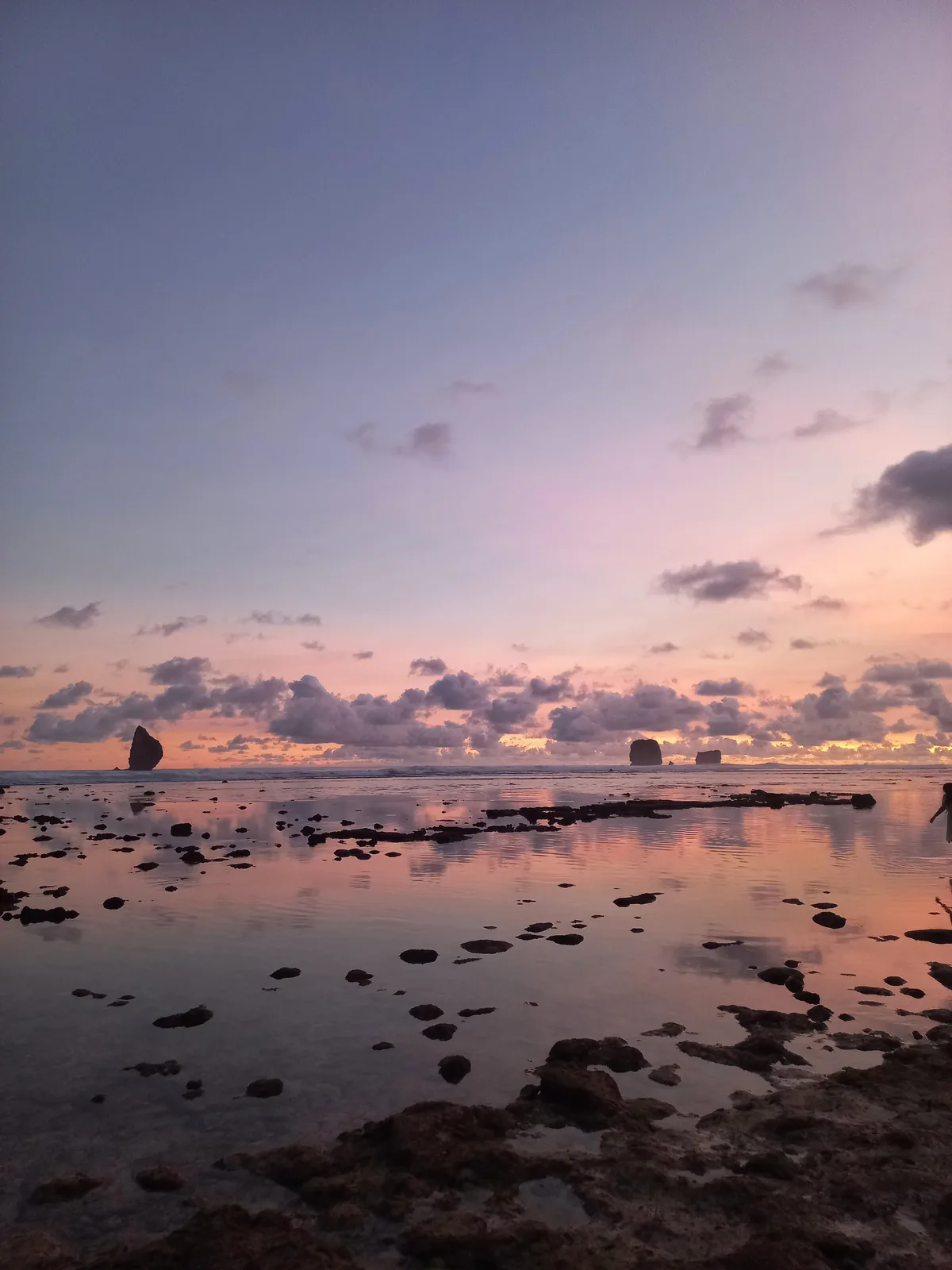 Senja berwarna merah muda di Pantai Watu Leter dengan air dangkal memantulkan langit dan batu karang gelap tersebar di permukaan