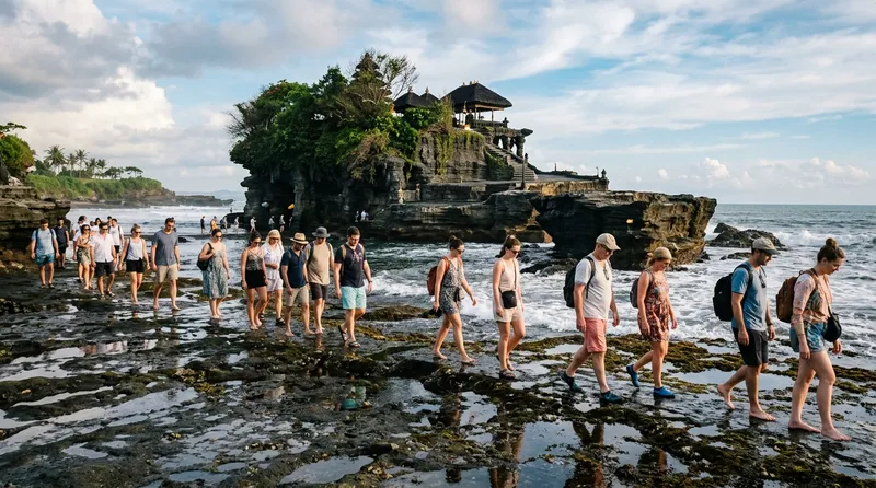Wisatawan berjalan di atas batu karang menuju Pura Tanah Lot saat air surut