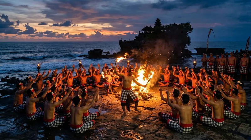 Pertunjukan Tari Kecak dengan fire dance di Tanah Lot dengan latar pura dan laut saat senja