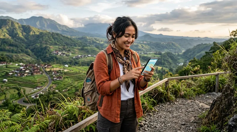 Wisatawan menggunakan smartphone untuk mencari tempat wisata terdekat