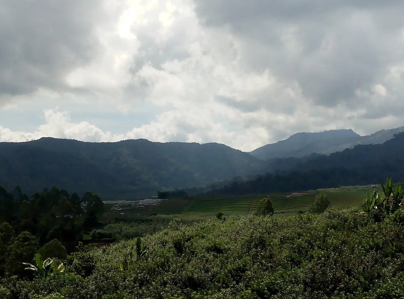 Lereng Gunung Arjuno berlapis kebun sayur dan hutan dilihat dari Desa Tulungrejo, Kota Batu, dengan awan tebal menggantung di atasnya