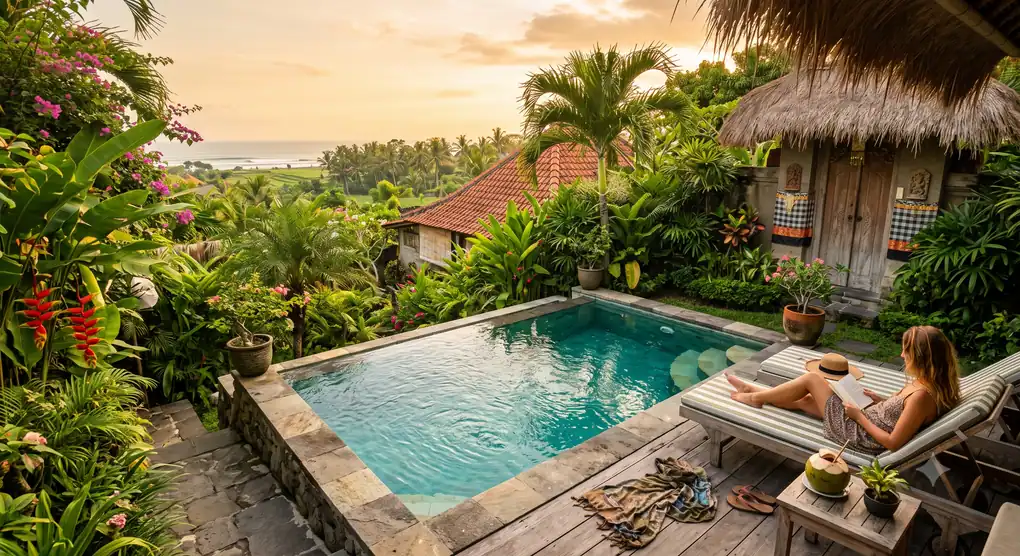Villa dengan kolam renang pribadi dan pemandangan tropis di Bali