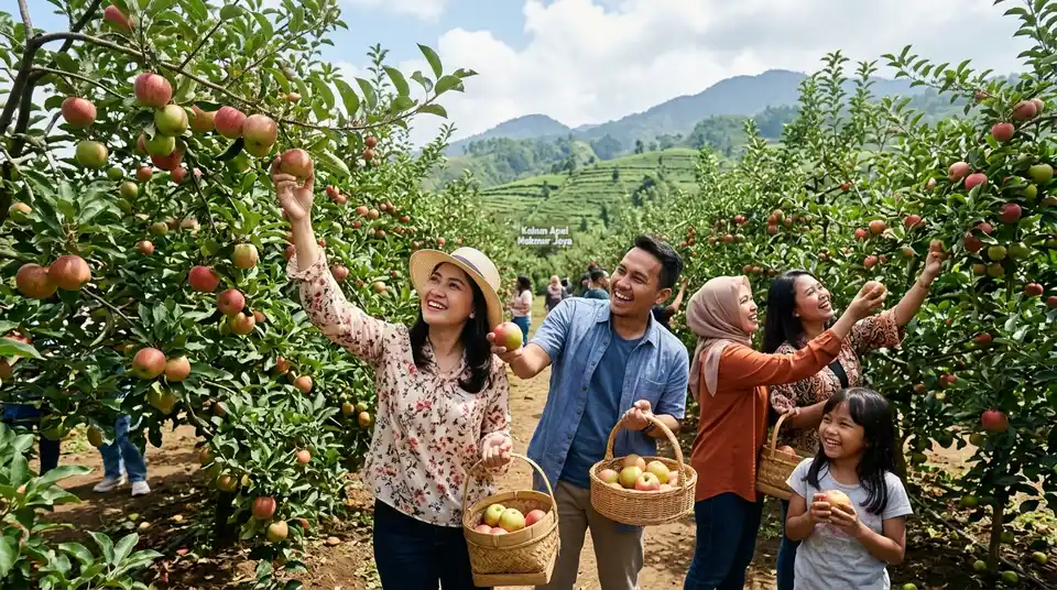 Wisatawan memetik apel langsung dari pohon di kebun apel Batu