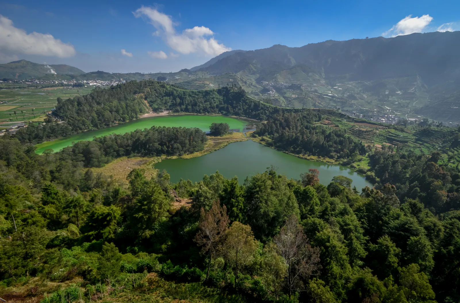 Telaga Warna dan Telaga Pengilon di Dieng dilihat dari ketinggian, dikelilingi hutan serta ladang sayur berundak