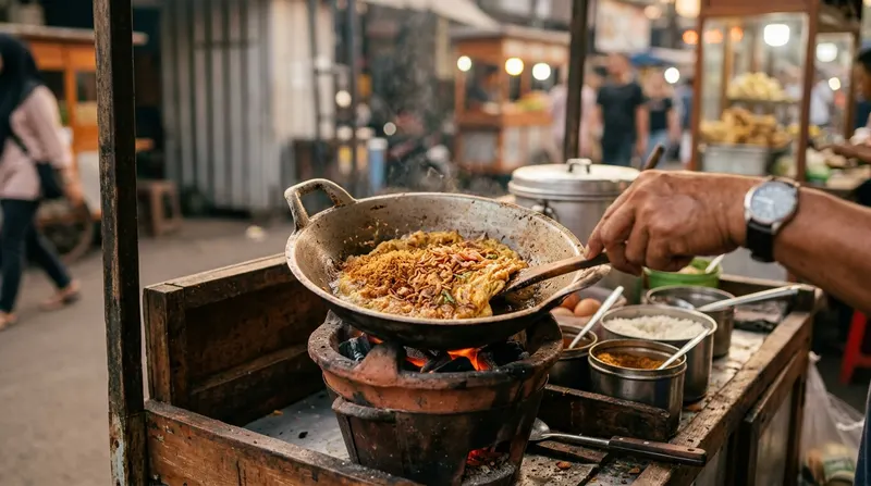 Kerak telor dimasak di atas anglo arang oleh pedagang kaki lima