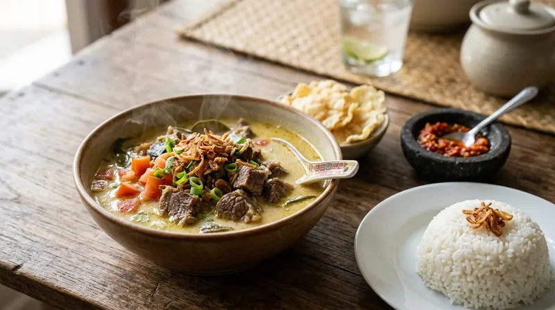 Semangkuk soto betawi berkuah santan dengan emping dan nasi putih