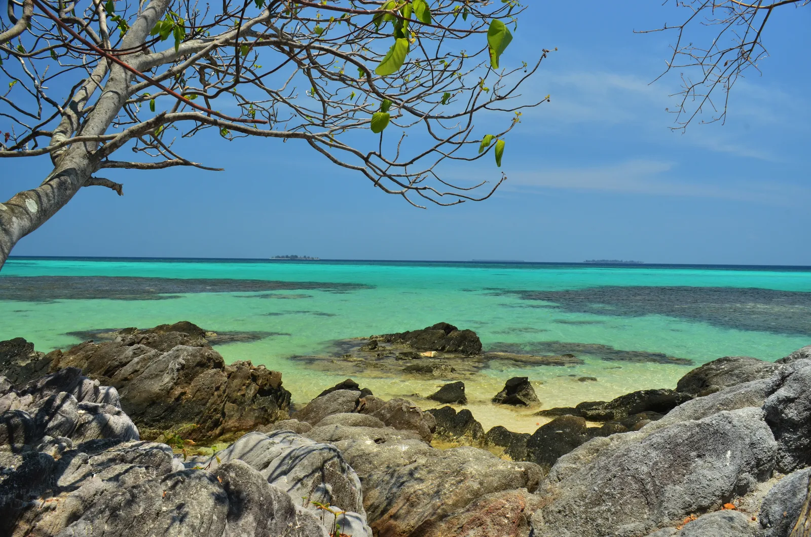 Air laut toska bening di Tanjung Gelam Karimunjawa dengan batu karang di tepian