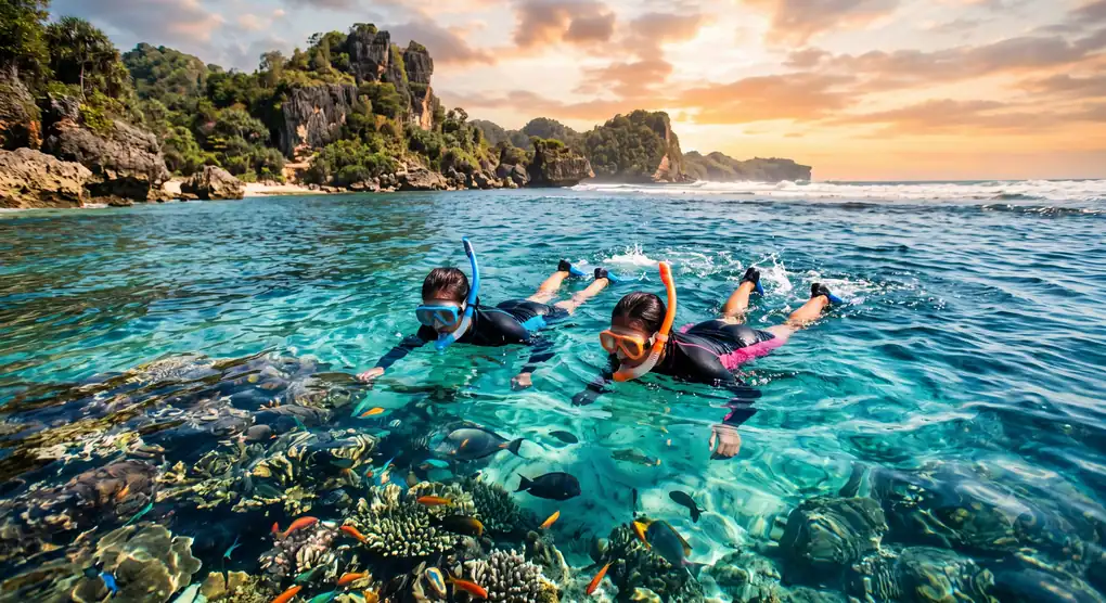 Wisatawan snorkeling di perairan jernih Pantai Nglambor Gunungkidul