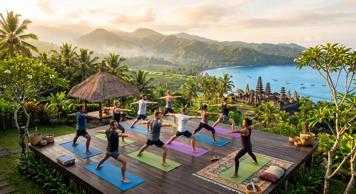 Sesi yoga pagi di area terbuka sebuah wellness retreat